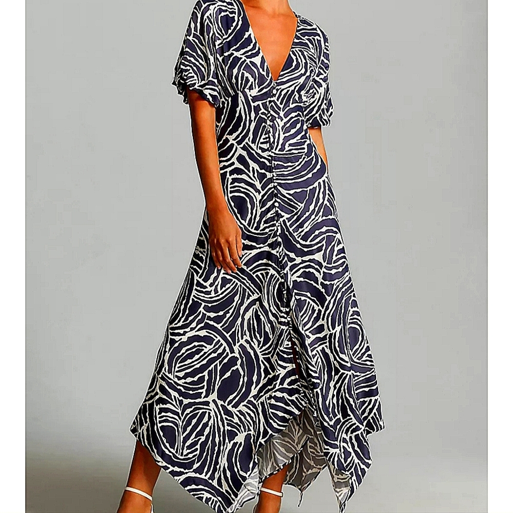 Anthropologie Short-Sleeve V-Neck Button-Front navy Midi Dress 14 Petite Large